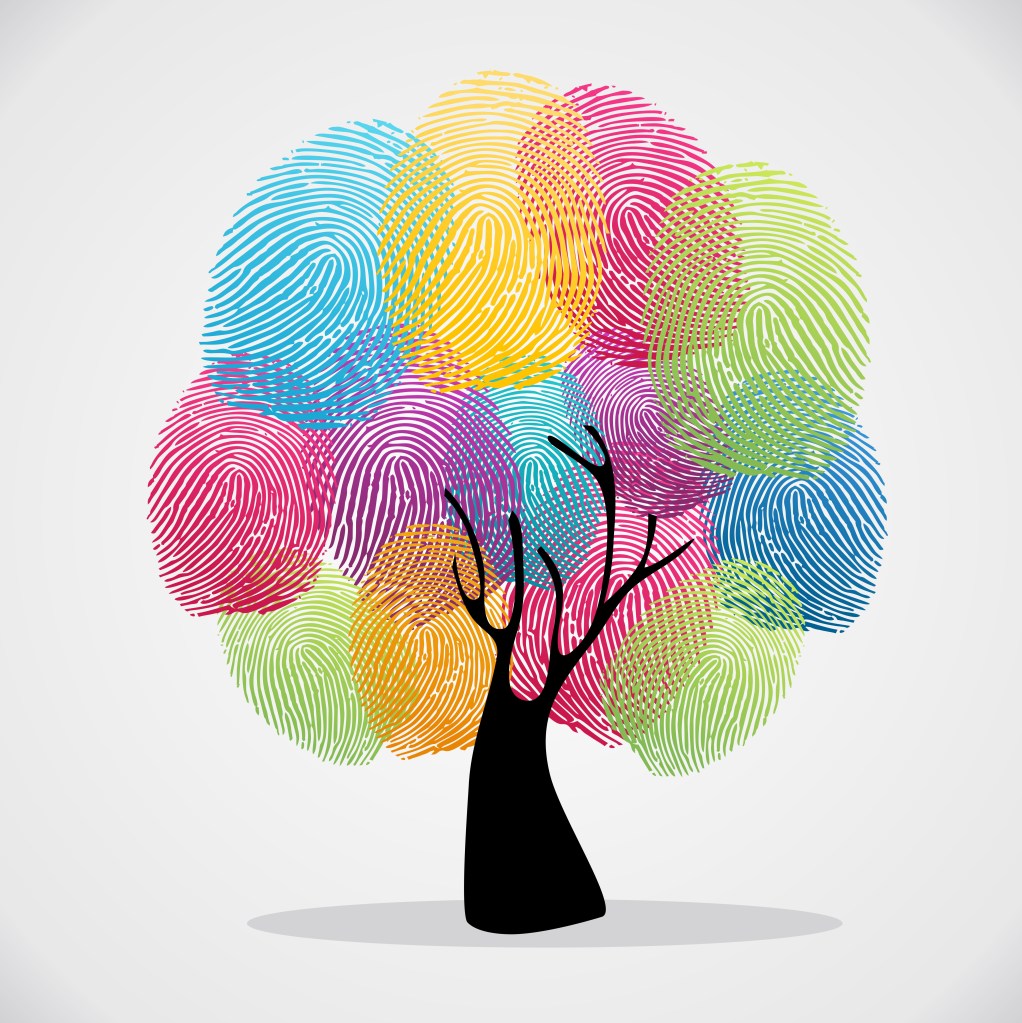 Diversity color tree finger prints illustration background set. Vector file layered for easy manipulation and custom coloring.